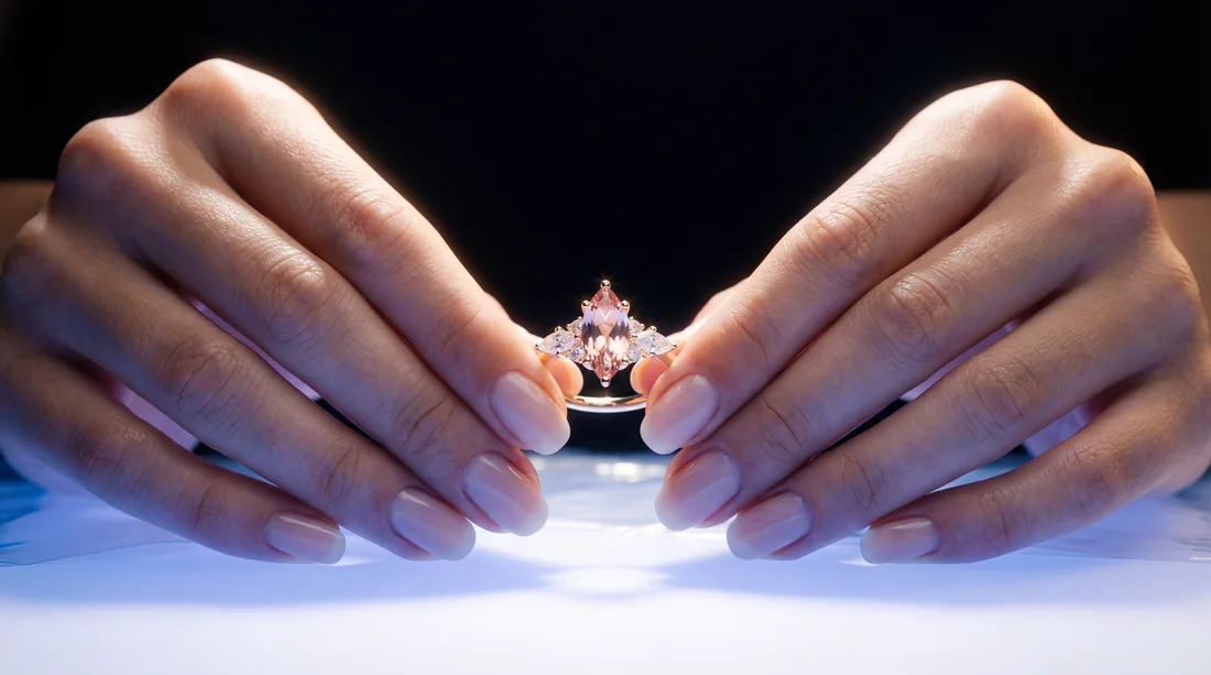 Pink marquise diamond engagement ring held between two hands