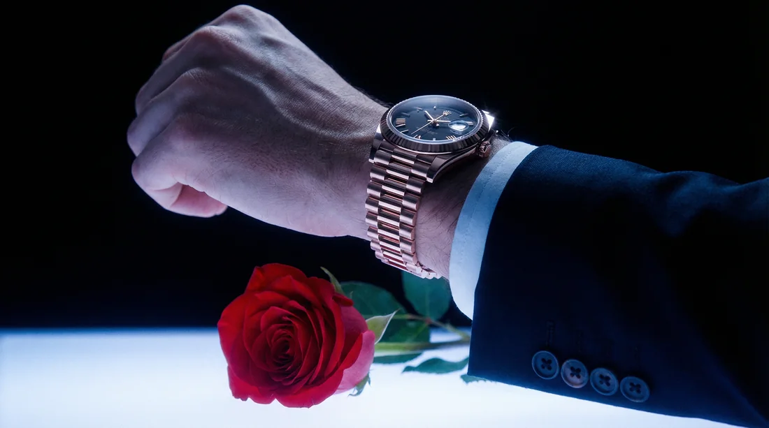 Rose-gold luxury watch on the wrist with a red rose