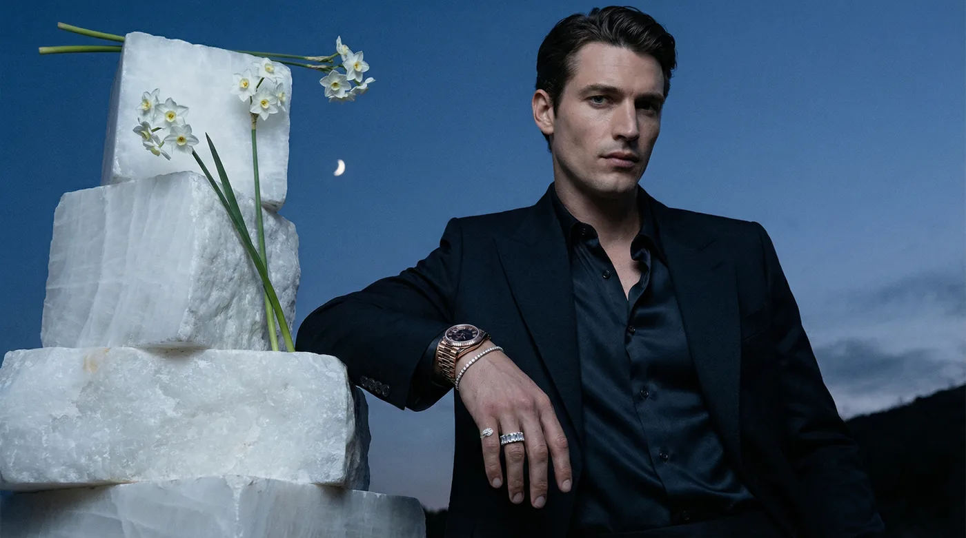 Male model wearing a luxury rose-gold watch at blue hour