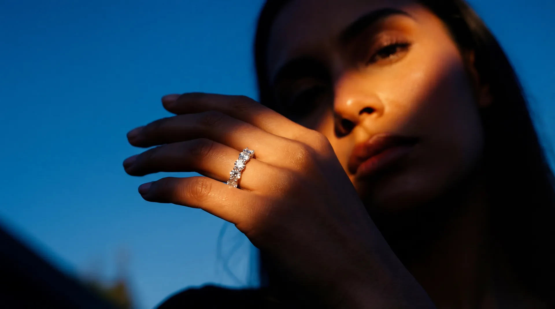 Diamond eternity ring at blue hour
