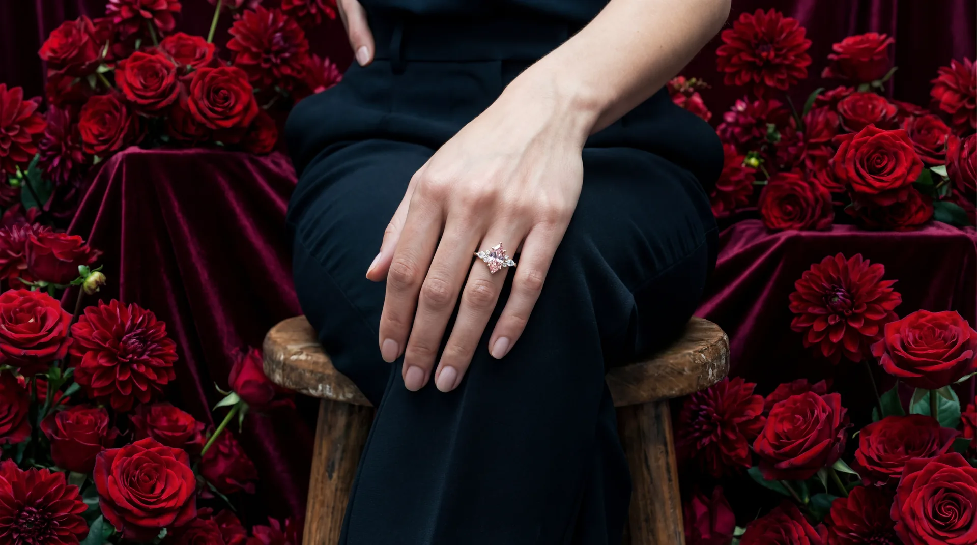 Pink diamond engagement ring against red roses