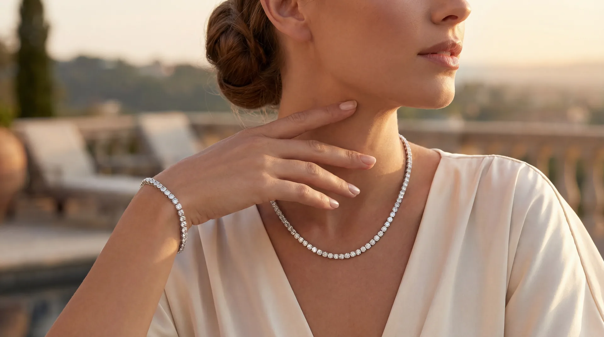 Model wearing a diamond tennis bracelet and necklace at golden hour
