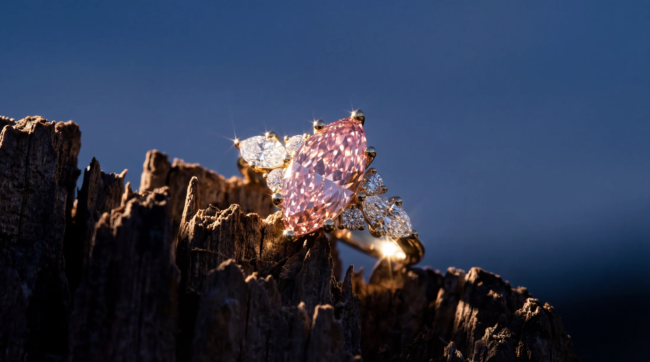 Bespoke pink gemstone ring set into textured wood